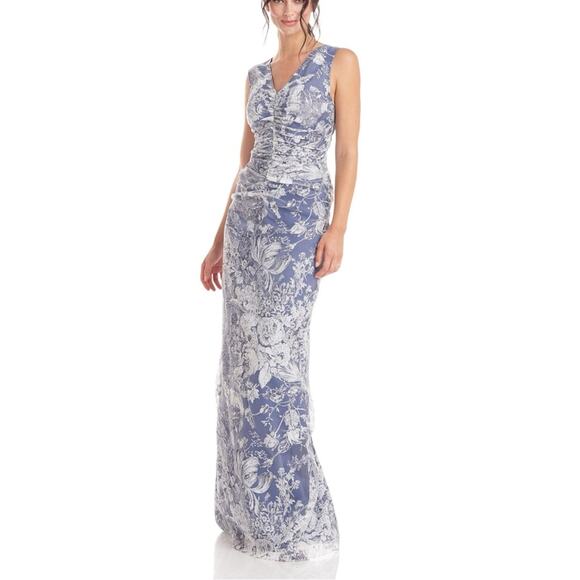 NEW JS Collections Maddison V-Neck Blue White Column Gown in French Blue 2 - Picture 1 of 9